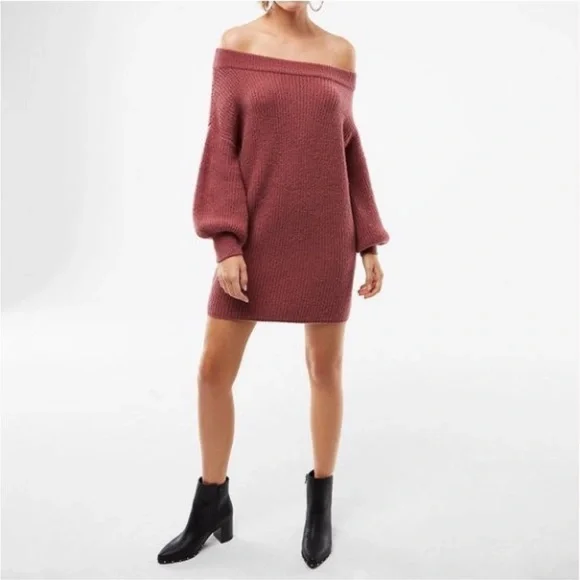 Express | Dresses | Express Off The Shoulder Balloon Sleeve Mini Sweater  Dress In Mauve | Poshmark